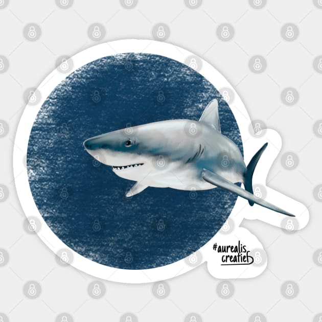 Scuba diving with white shark in deep blue Sticker by Aurealis